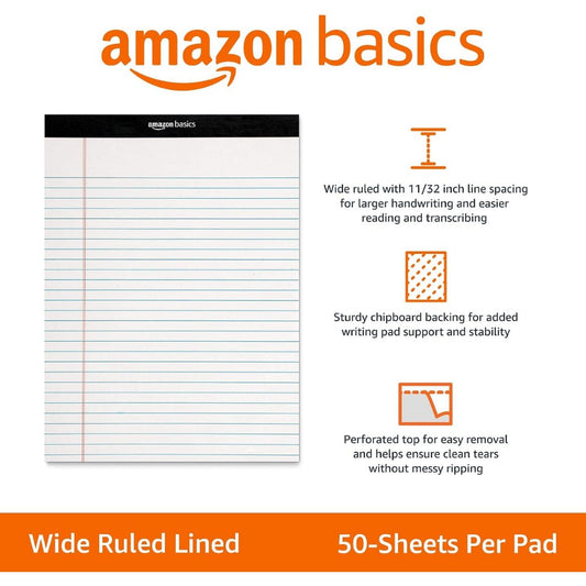 Amazon Basics Wide Ruled Lined Writing Note Pads – 8.5 x 11.75 Inches, White, 12-Pack | 50 Perforated Sheets Per Pad for Office, School & Everyday Writing