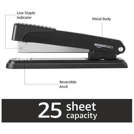 Amazon Basics Full-Strip Metal Office Desktop Stapler, 20 Sheet Capacity, Non-Slip, Black, 3-Pack