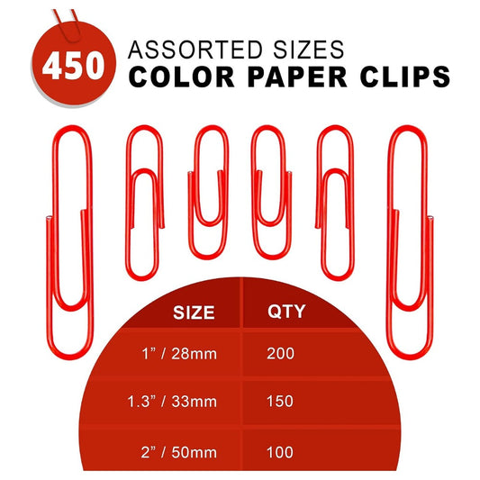 Kempshott 450 Red Color Paper Clips Assorted Sizes – Small, Medium & Large, Vinyl Coated Paper Clips for Home, School & Office Use