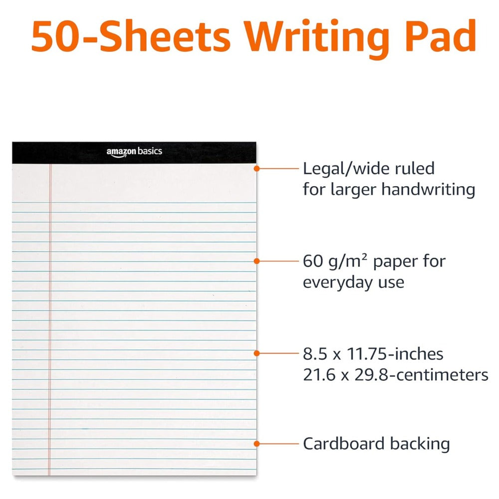 Amazon Basics Wide Ruled Lined Writing Note Pads – 8.5 x 11.75 Inches, White, 12-Pack | 50 Perforated Sheets Per Pad for Office, School & Everyday Writing