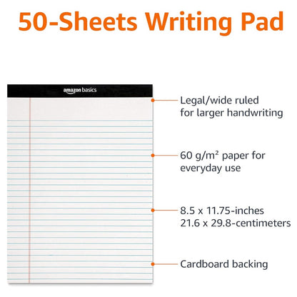 Amazon Basics Wide Ruled Lined Writing Note Pads – 8.5 x 11.75 Inches, White, 12-Pack | 50 Perforated Sheets Per Pad for Office, School & Everyday Writing