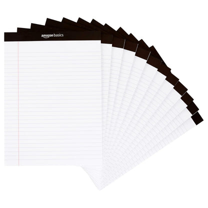 Amazon Basics Wide Ruled Lined Writing Note Pads – 8.5 x 11.75 Inches, White, 12-Pack | 50 Perforated Sheets Per Pad for Office, School & Everyday Writing