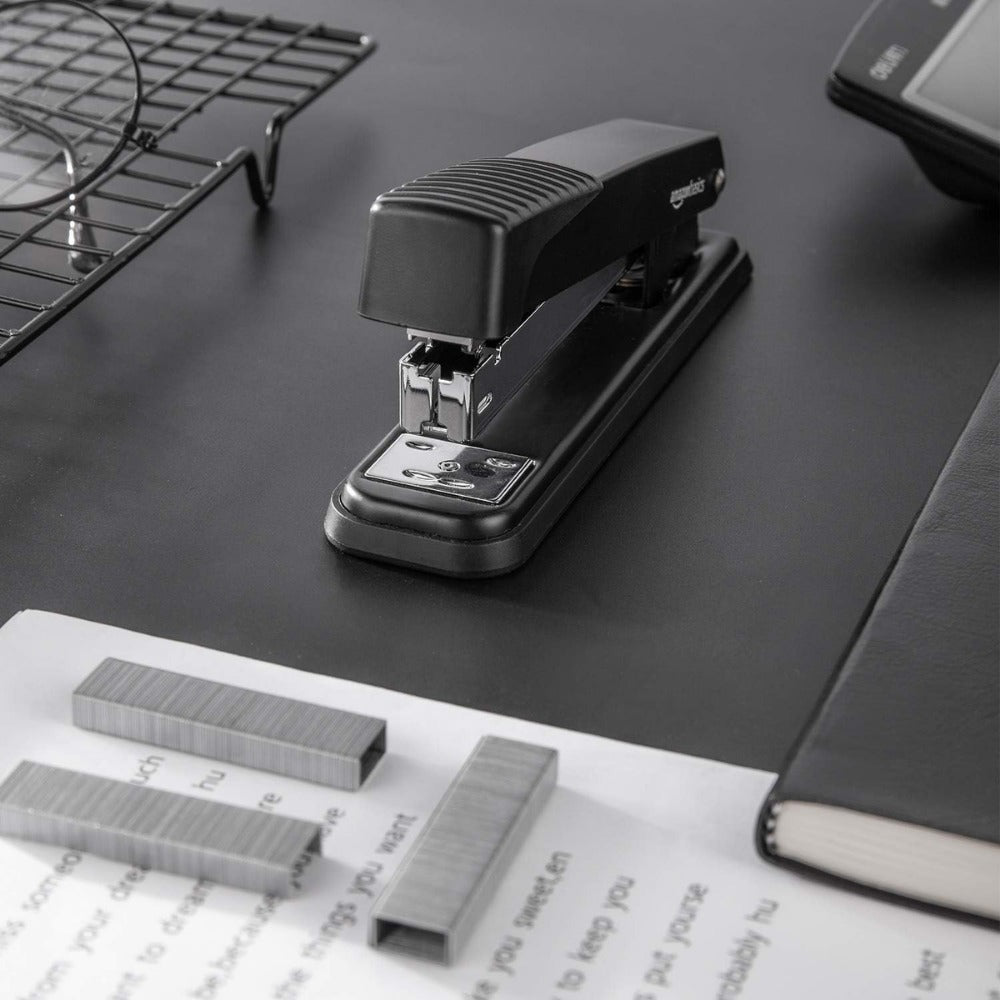 Amazon Basics Full-Strip Metal Office Desktop Stapler, 20 Sheet Capacity, Non-Slip, Black, 3-Pack
