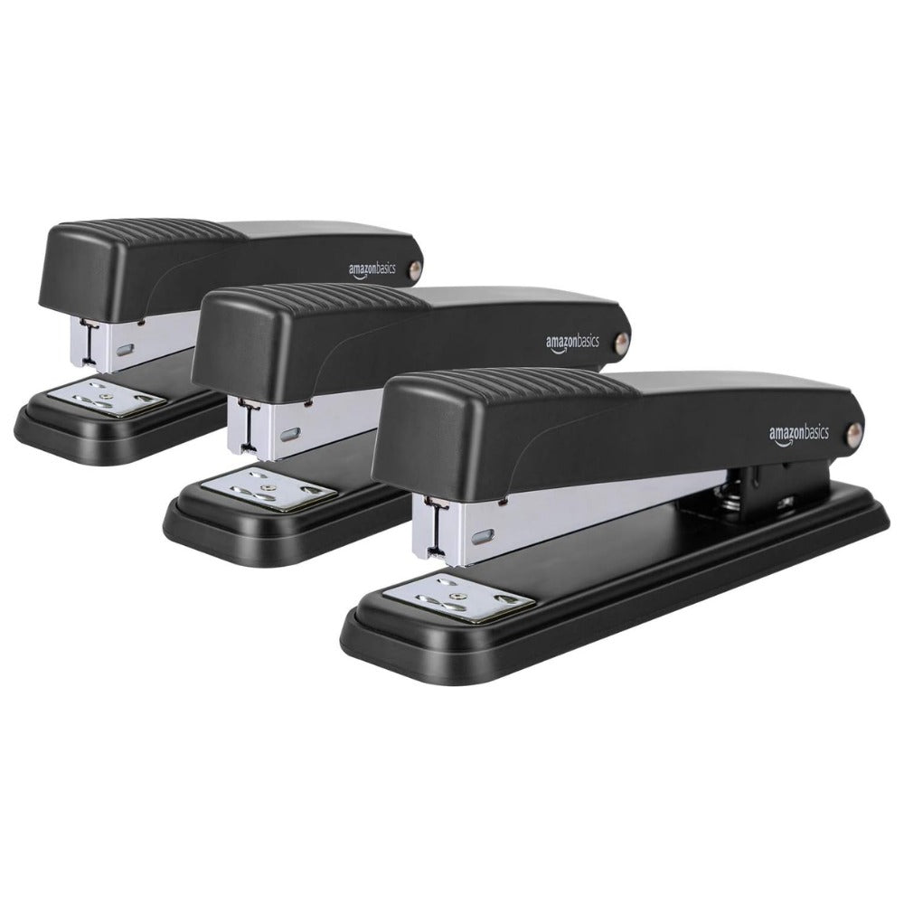 Amazon Basics Full-Strip Metal Office Desktop Stapler, 20 Sheet Capacity, Non-Slip, Black, 3-Pack