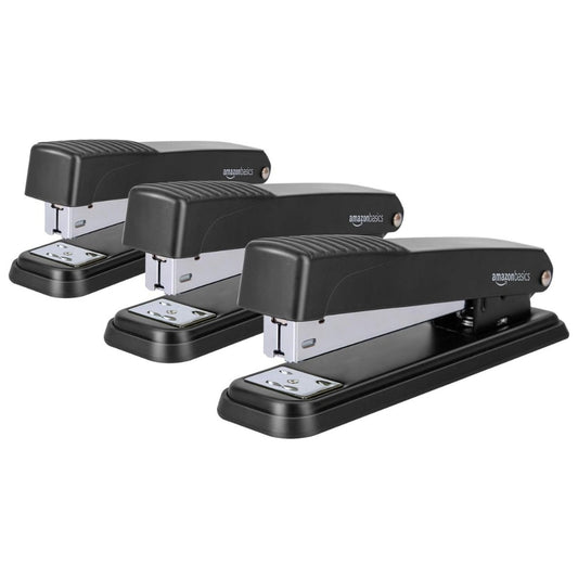 Amazon Basics Full-Strip Metal Office Desktop Stapler, 20 Sheet Capacity, Non-Slip, Black, 3-Pack