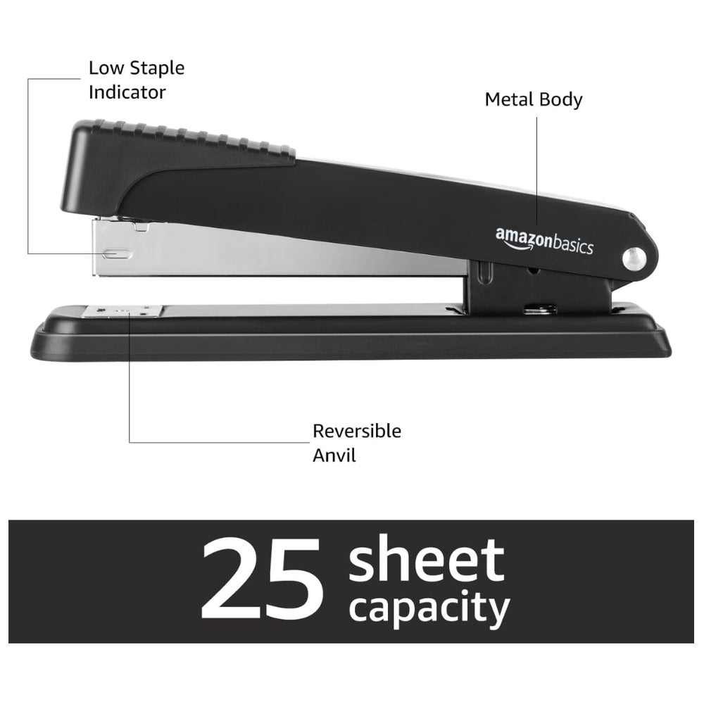 Amazon Basics Full-Strip Metal Office Desktop Stapler, 20 Sheet Capacity, Non-Slip, Black, 3-Pack