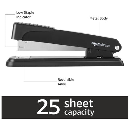 Amazon Basics Full-Strip Metal Office Desktop Stapler, 20 Sheet Capacity, Non-Slip, Black, 3-Pack