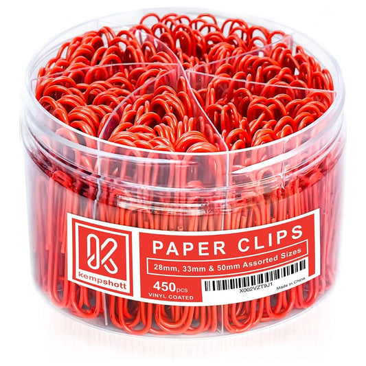 Kempshott 450 Red Color Paper Clips Assorted Sizes – Small, Medium & Large, Vinyl Coated Paper Clips for Home, School & Office Use
