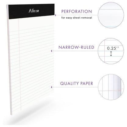 Alitte Legal Notepads 5x8, Pack of 12 – Perforated Narrow Ruled Writing Pads, Premium Thick Paper, No Ink Bleeding, Blank Legal Pads for Home & Office